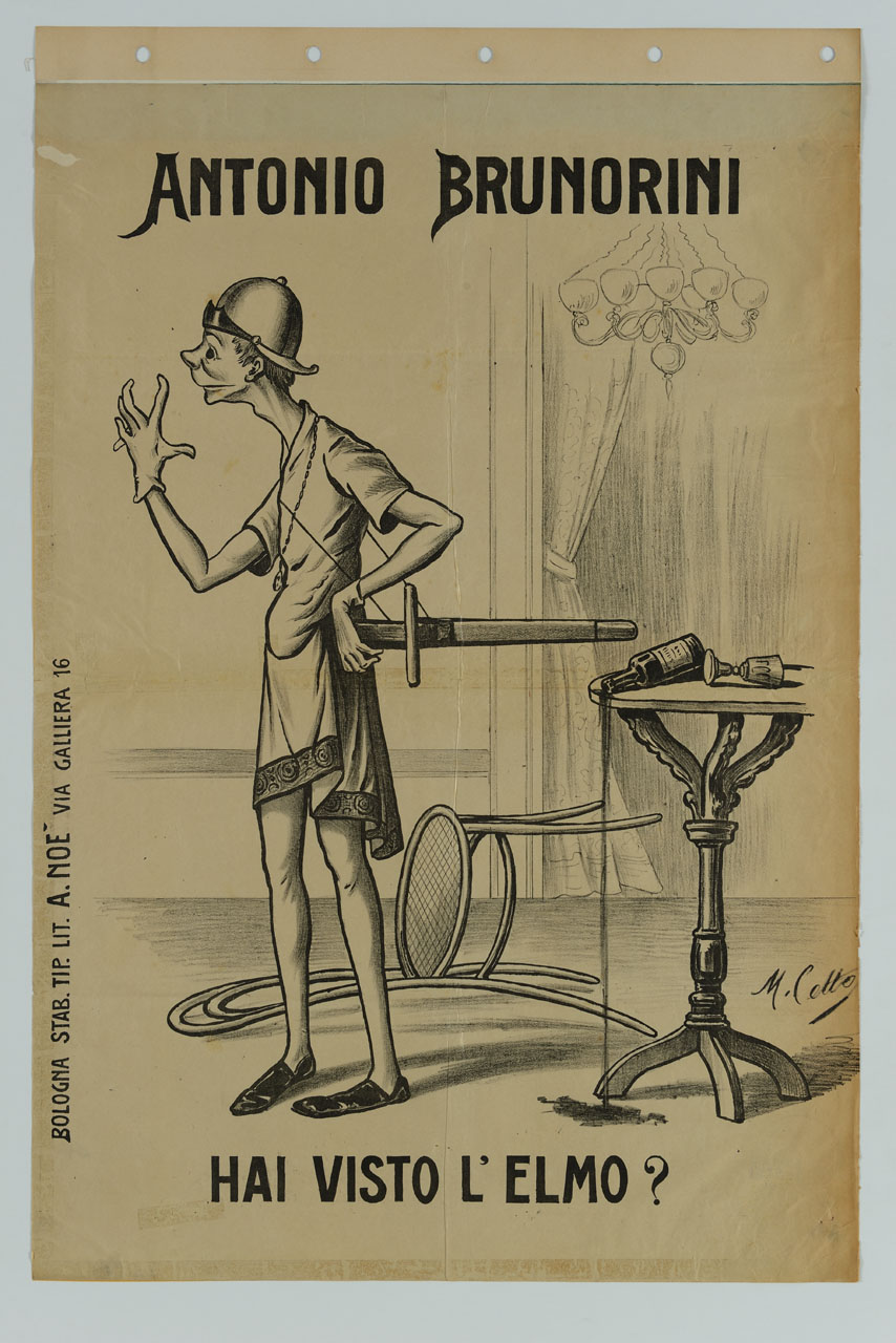 caricatura di soldato con elmo e spada che ha rovesciato una bottiglia e un bicchiere (manifesto) di Cetto Mario (sec. XX)