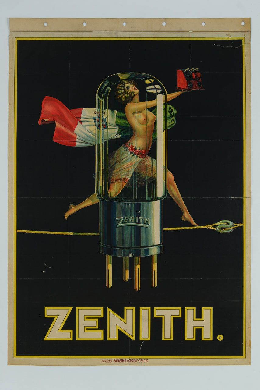 donna seminuda con tricolore e amplificatore a valvole in una mano cammina su un filo teso dietro una grossa valvola (manifesto) - ambito italiano (sec. XX)