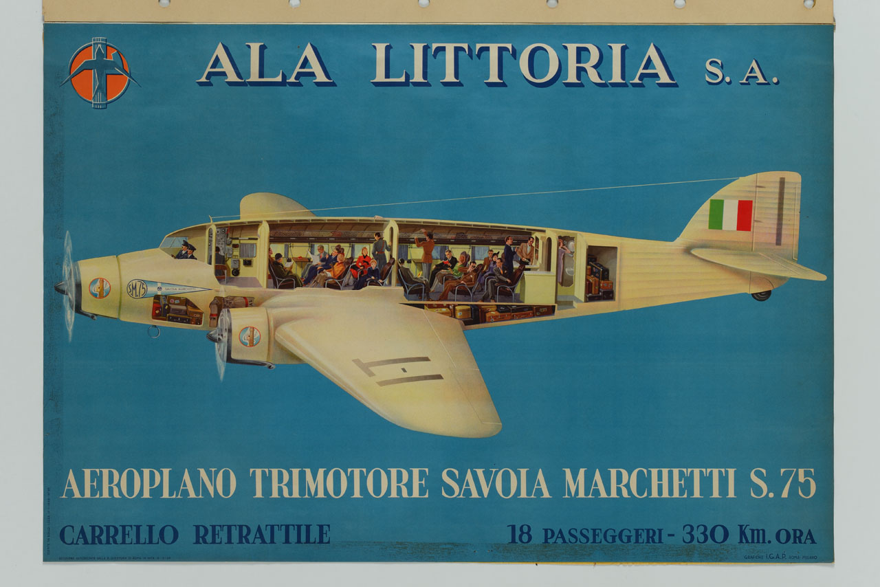 spaccato prospettico di aeroplano in volo (manifesto) - ambito italiano (sec. XX)