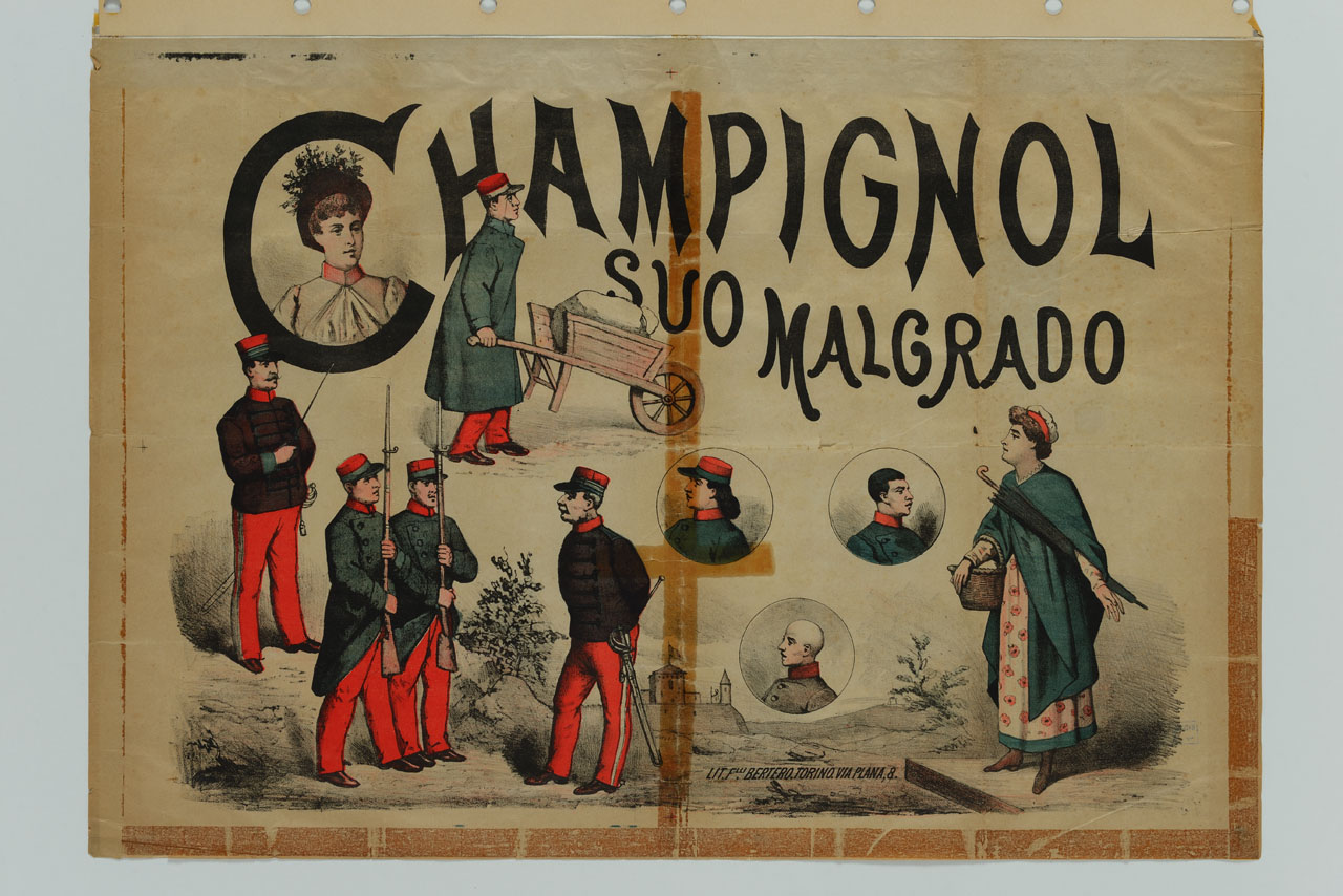soldati e una donna con ombrello sottobraccio in un paesaggio (manifesto) - ambito italiano (fine sec. XIX)