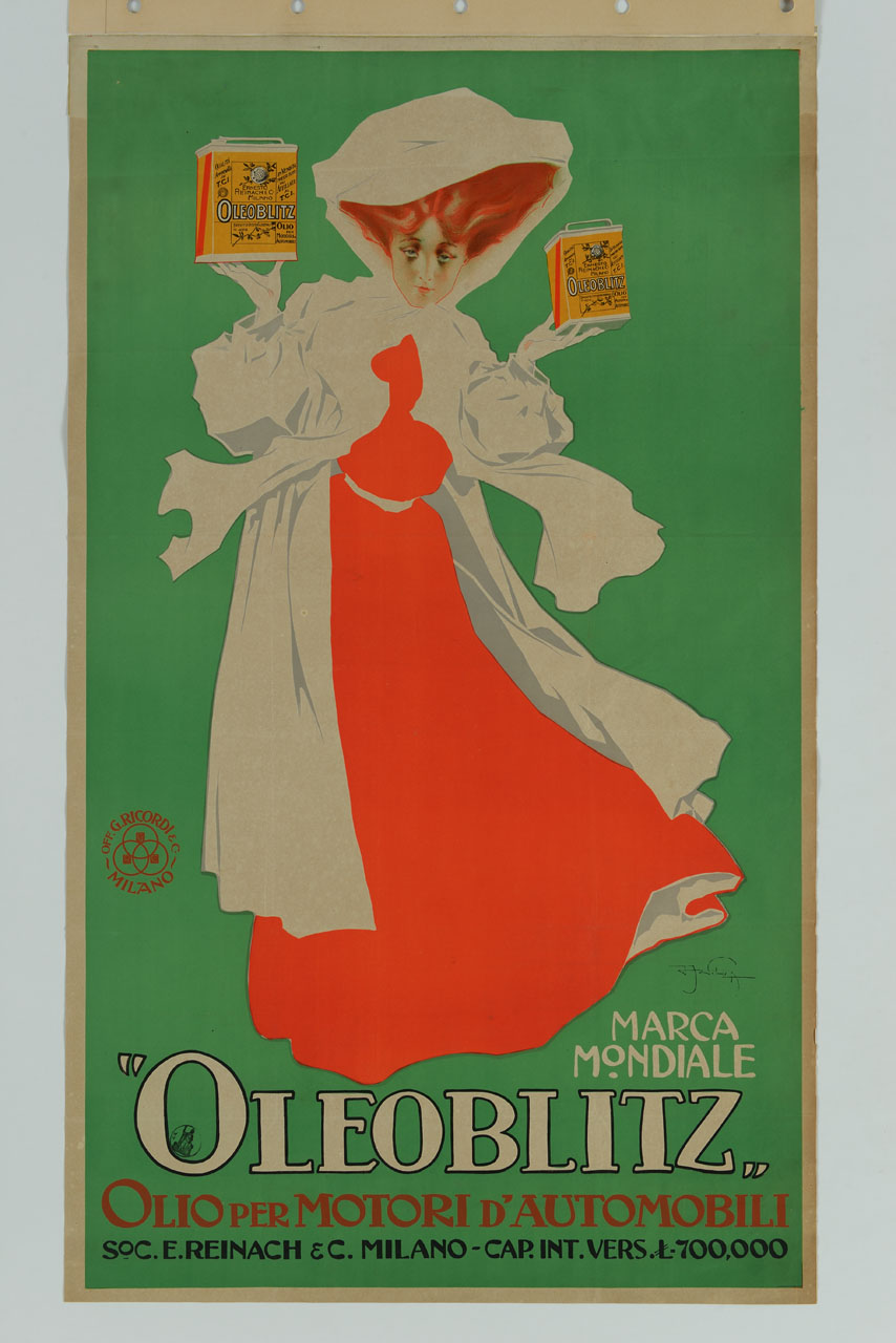 donna con copricapo e due latte d'olio in mano (manifesto) di Villa Aleardo (secc. XIX/ XX)