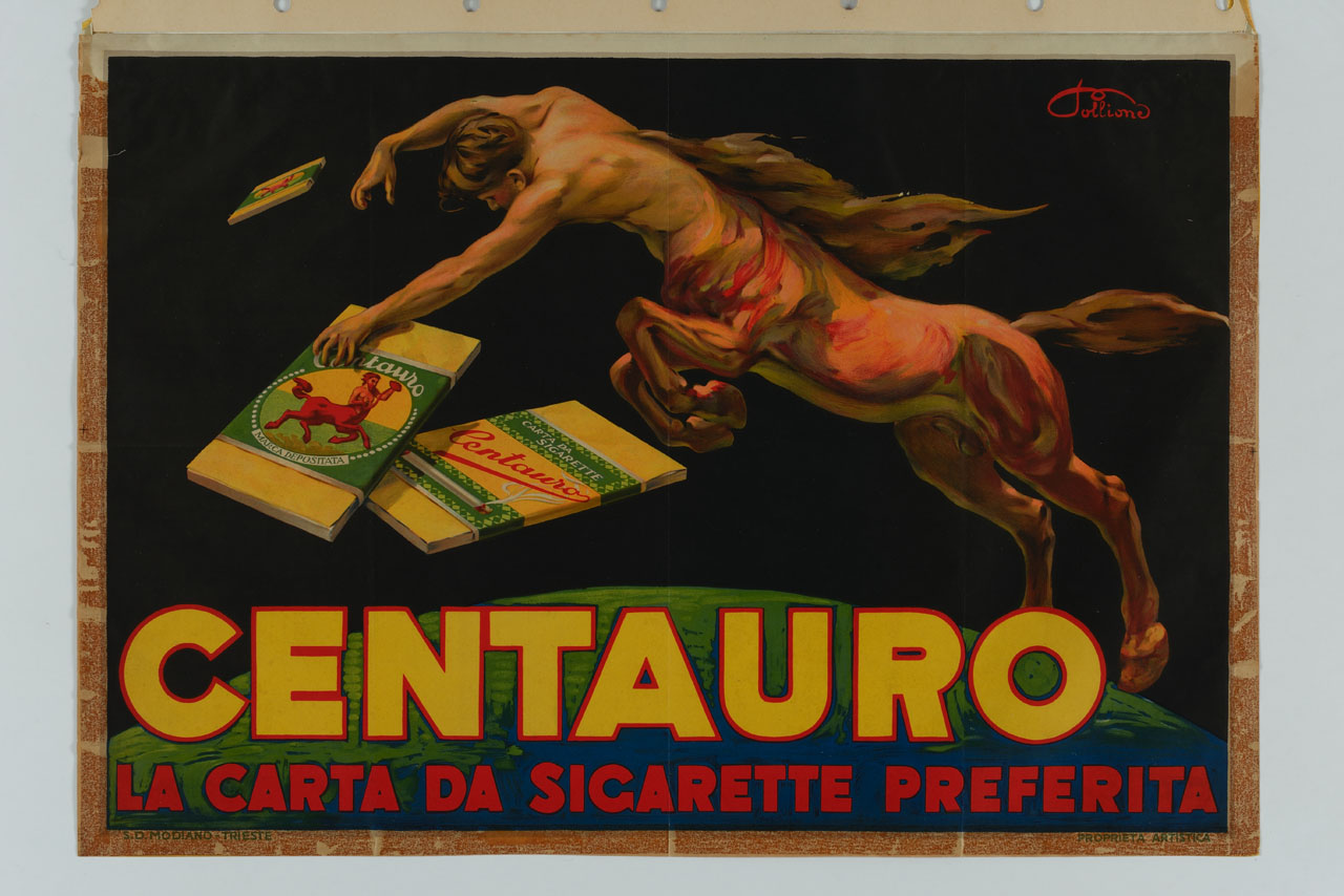centauro proteso su Globo terrestre tra scatole di carta da sigarette (manifesto) di Sigon Pollione (sec. XX)