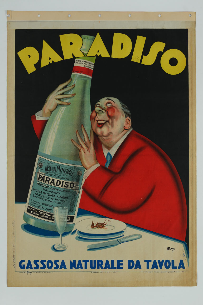 uomo seduto a tavola abbraccia una bottiglia d'acqua minerale (manifesto) di Magagnoli Giuseppe detto Maga (sec. XX)