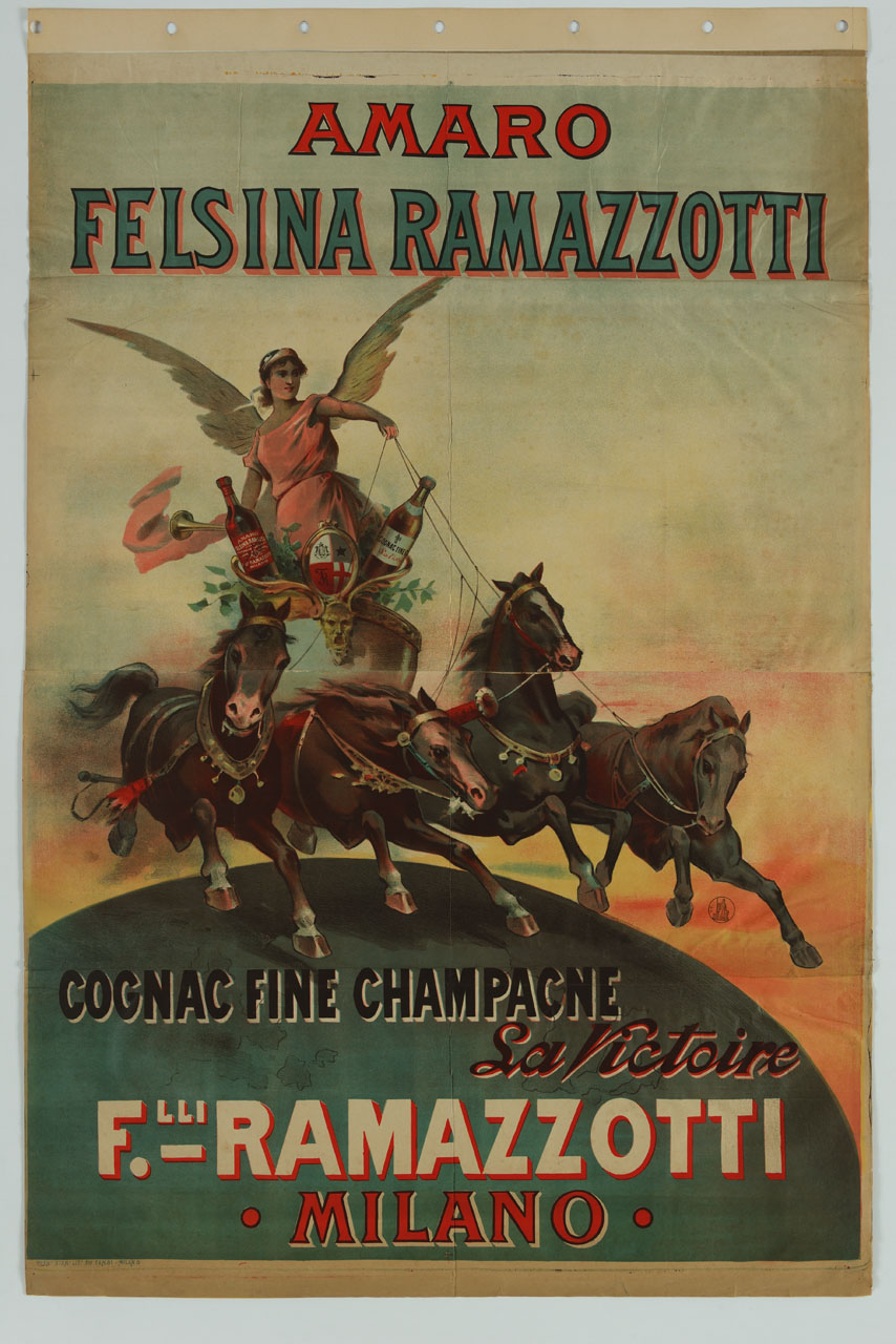 Vittoria alata su una biga trainata da quattro cavalli (manifesto, stampa composita) - ambito italiano (fine/ inizio secc. XIX/ XX)