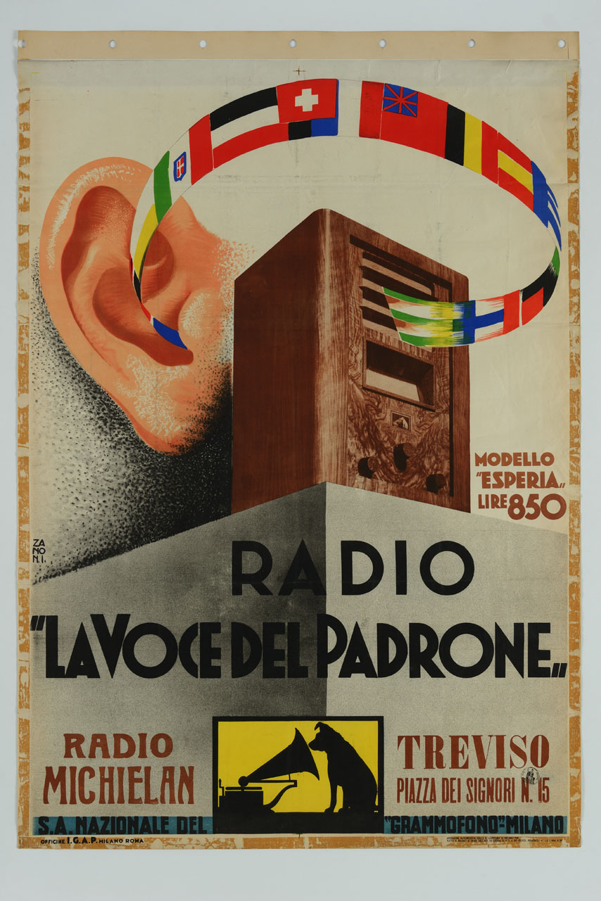 radio con accanto orecchio collegati da fascia composta di bandiere (manifesto) di Zanoni G (sec. XX)