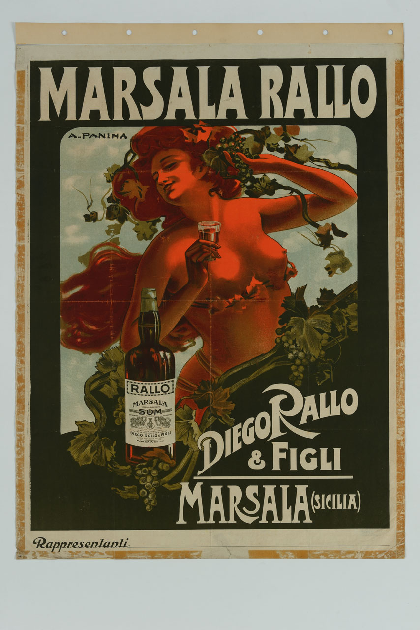 donna nuda tra tralci di vite con un bicchiere di marsala in mano (manifesto) di Panina A (sec. XX)