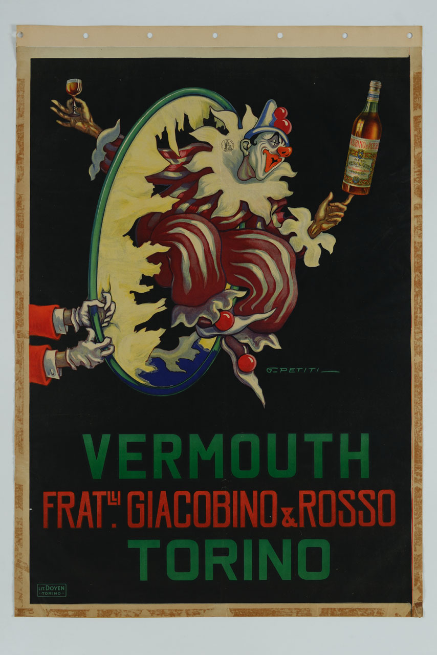 clown salta in un cerchio tenendo in equilibrio una bottiglia sul dito indice (manifesto) di Petiti Guido (sec. XX)