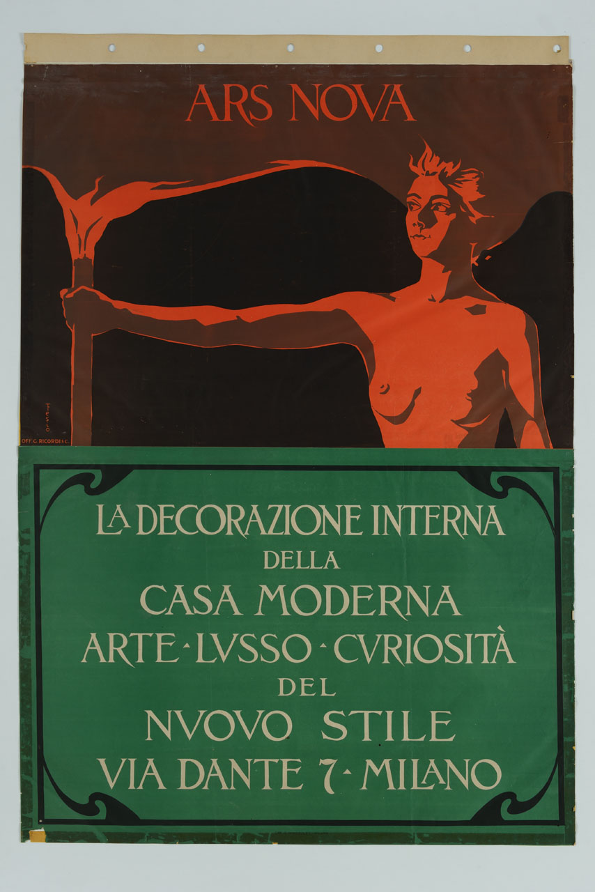 donna nuda con braccio allungato a reggere una fiamma che si fonde con i suoi capelli (manifesto, stampa composita) di Fesio - ambito italiano (sec. XX)