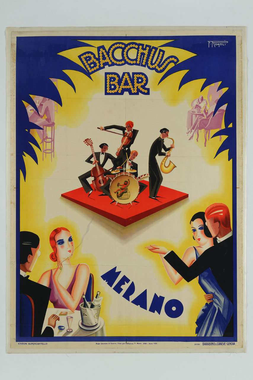 interno di un bar con orchestra che suona, coppie sedute ai tavolini e intente a ballare (manifesto) di Romoli Filippo (sec. XX)