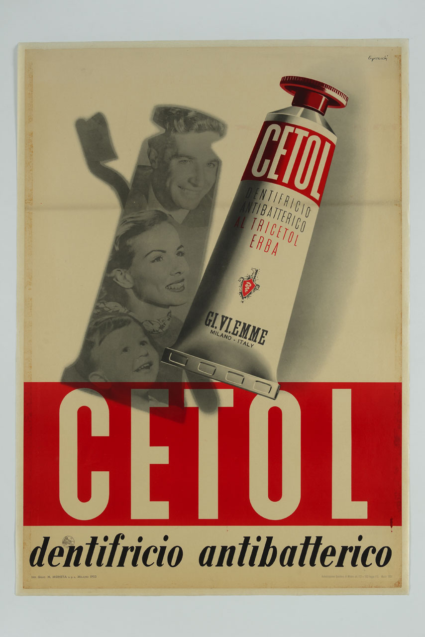 tubetto di dentifricio nella cui ombra vi sono i volti di un uomo, una donna e un bambino (manifesto) di Ligasacchi Natale (sec. XX)