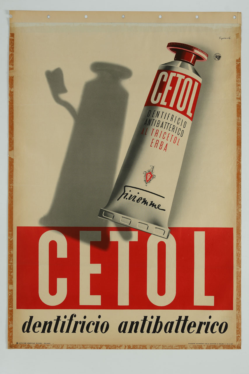 tubetto di dentifricio nella cui ombra vi sono i volti di un uomo, una donna e un bambino (manifesto) di Ligasacchi Natale (sec. XX)