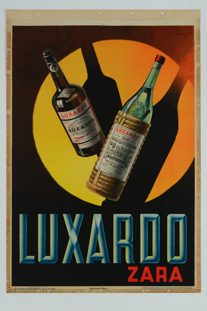 due bottiglie all'interno di un cerchio di luce (manifesto) di Pomi Armando (sec. XX)