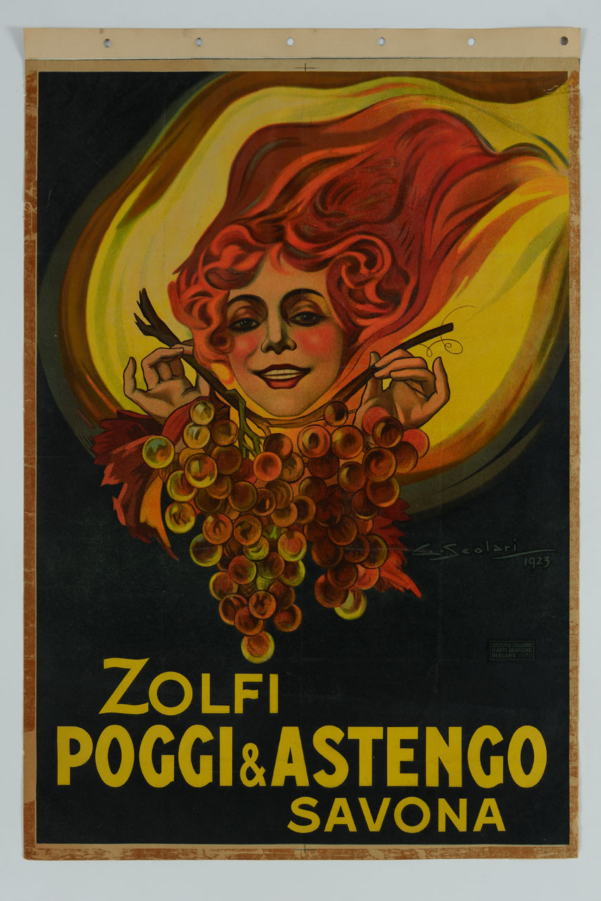 volto di donna con le mani che tengono un tralcio di vite (manifesto) di Scolari Giovanni (sec. XX)