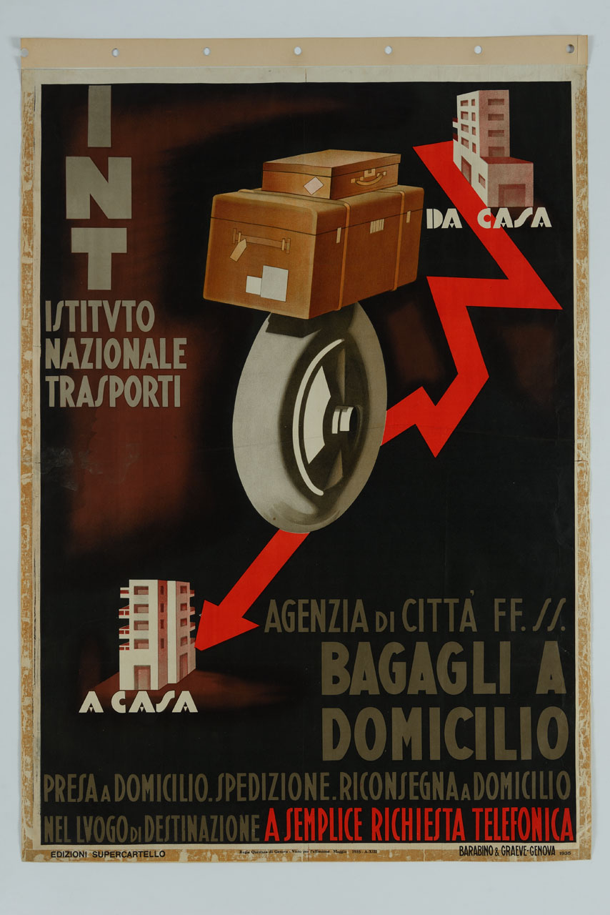 bagagli trasportati su una ruota da un palazzo ad un altro (manifesto) - ambito italiano (sec. XX)
