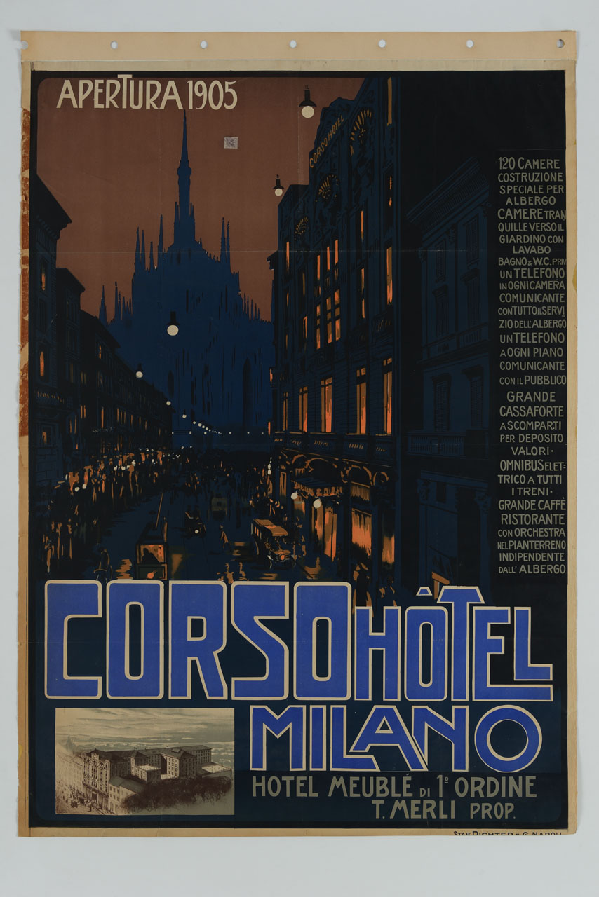 veduta di corso Vittorio Emanuele a Milano con il Duomo sullo sfondo (manifesto) - ambito italiano (sec. XX)