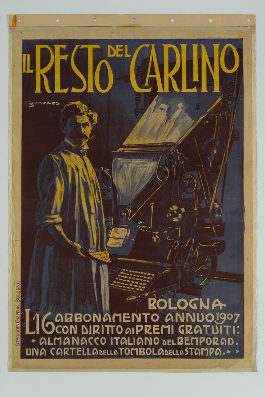 tipografo in piedi davanti a una rotativa (manifesto) di Bompard Luigi (sec. XX)