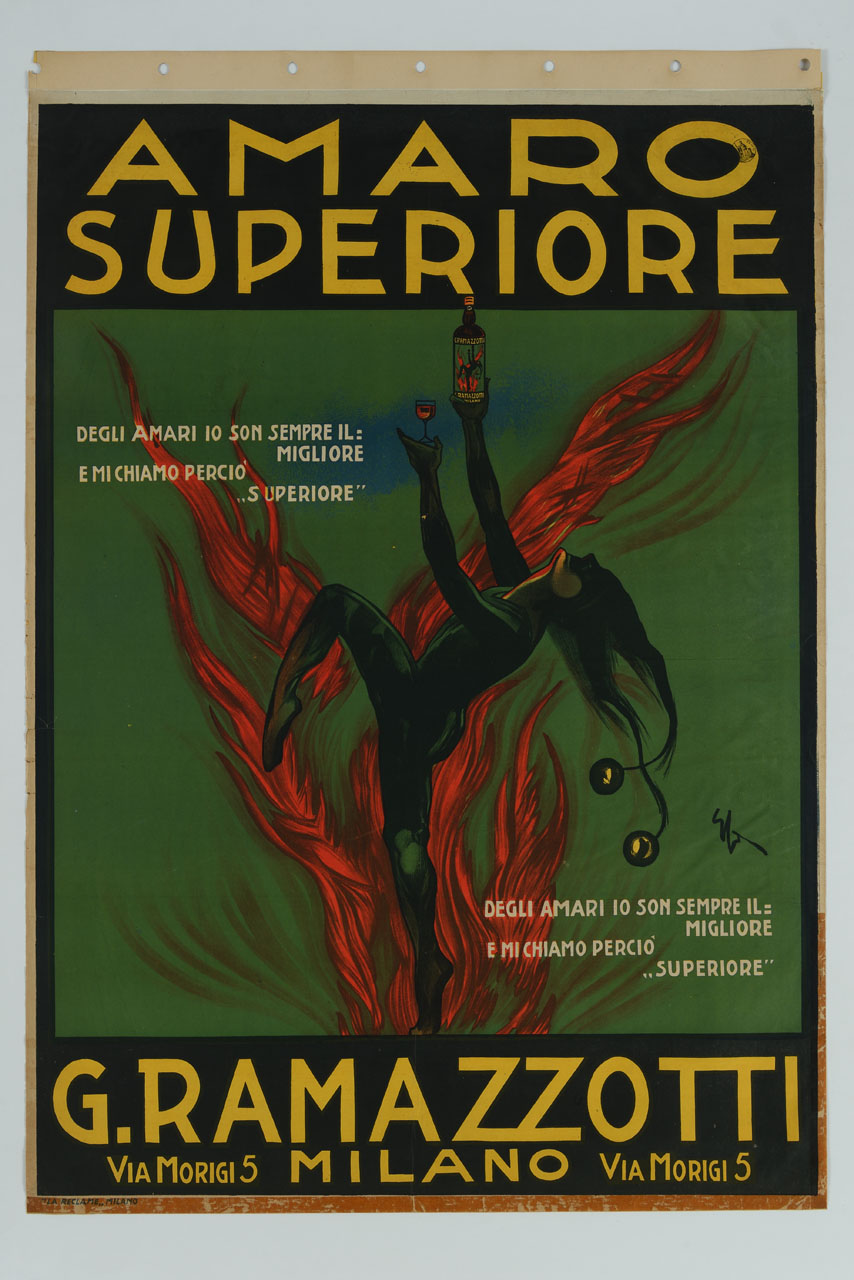 giullare danza tra le fiamme con una bottiglia e un bicchiere nelle mani (manifesto) di Sacchetti Enrico (sec. XX)