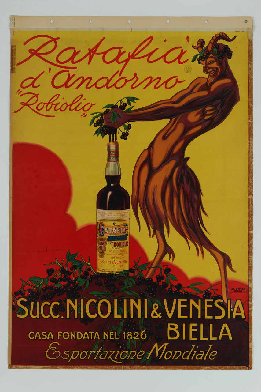 satiro spreme delle ciliegie in una bottiglia (manifesto) di Mateldi Filiberto (primo quarto sec. XX)