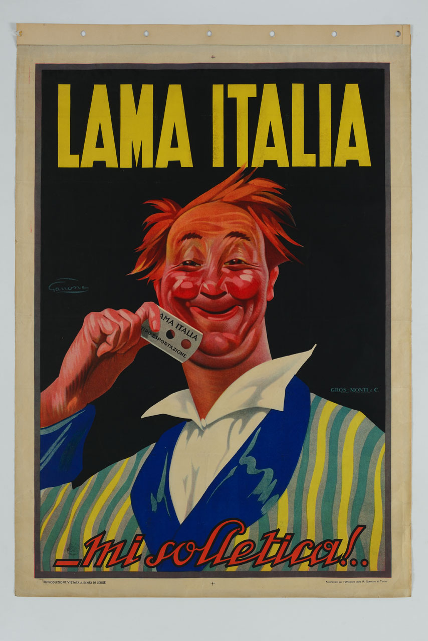 uomo mostra sorridente una lametta da barba (manifesto) di Garrone - ambito italiano (sec. XX)