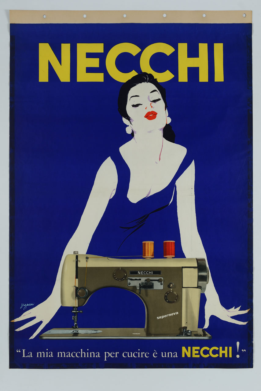 donna in abito blu davanti ad una macchina da cucire (manifesto) di Grignani Jeanne (sec. XX)
