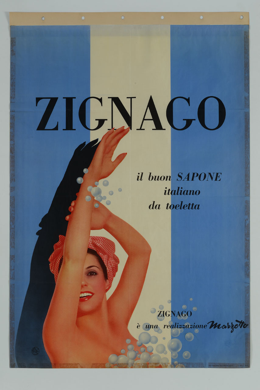 donna nuda a mezzo busto si deterge tra bolle di sapone (manifesto) (sec. XX)
