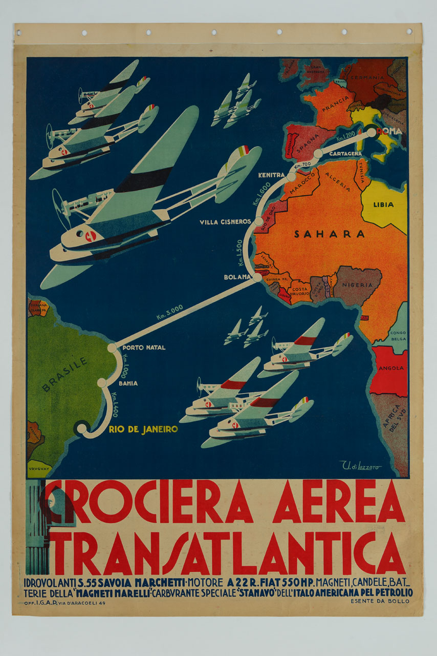 aerei in volo tra l'Italia, l'Africa e il Brasile (manifesto) di Di Lazzaro Umberto (sec. XX)
