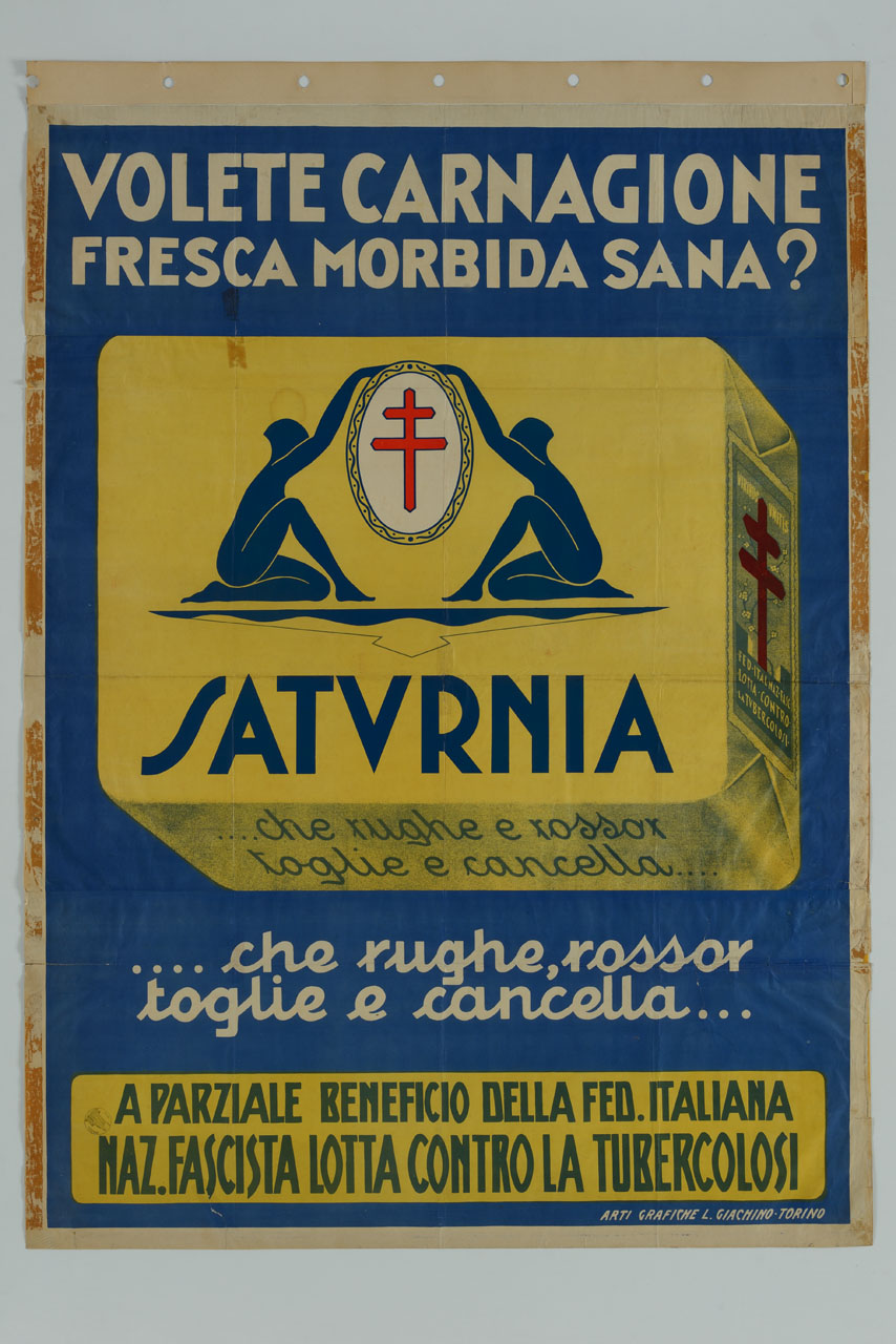 saponetta con sopra due figure femminili sedute con braccio sopra cornice ovale contenente una croce (manifesto, stampa composita) - ambito italiano (sec. XX)