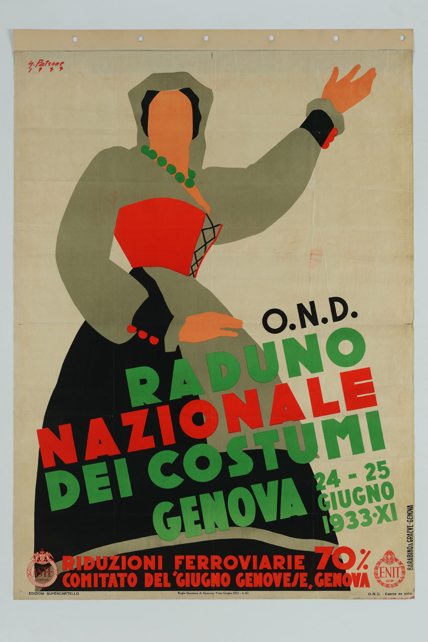 donna in abiti tradizionali con il braccio sollevato (manifesto) di Patrone Giovanni (sec. XX)