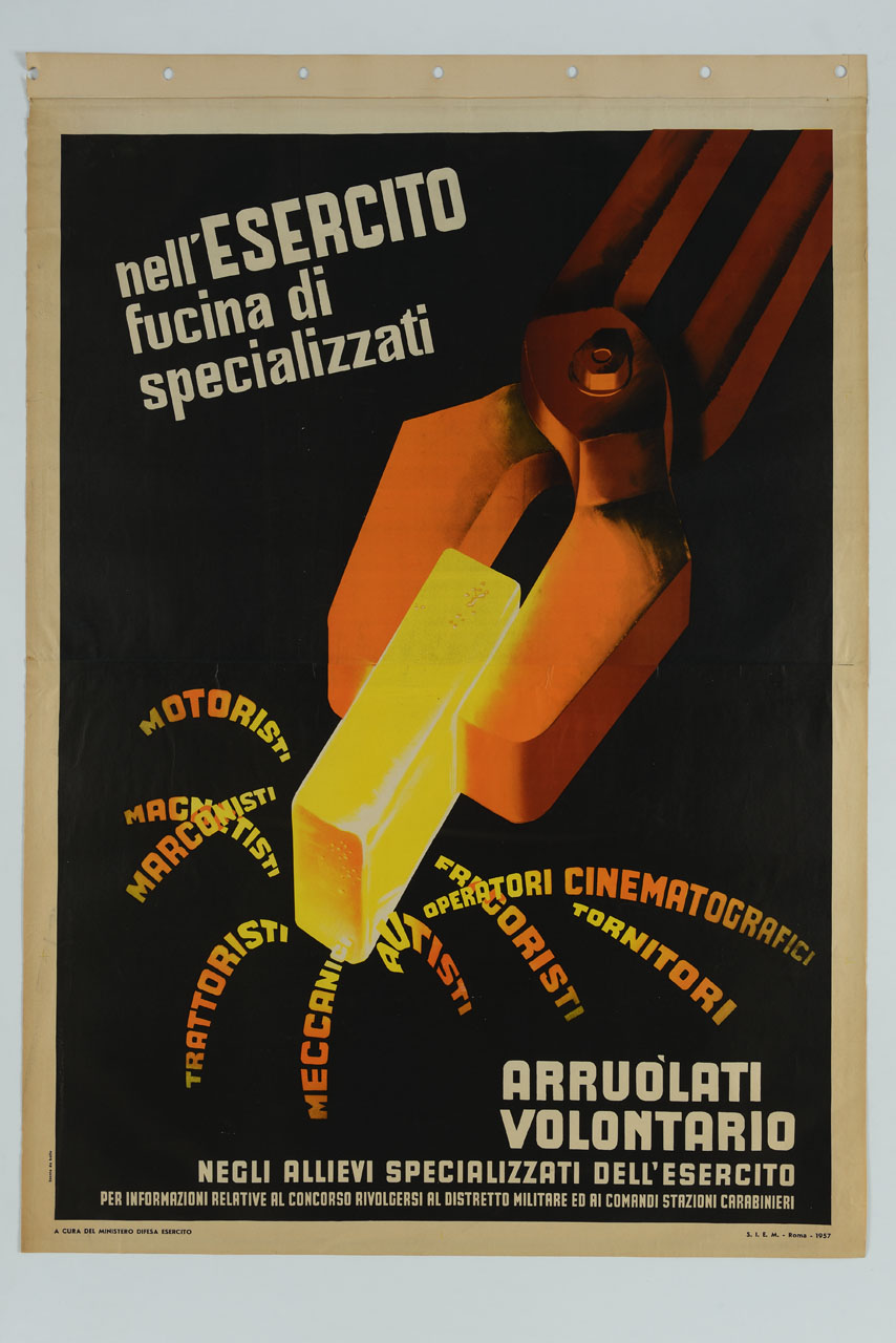 tenaglia stringe un lingotto incandescente (manifesto) - ambito italiano (sec. XX)