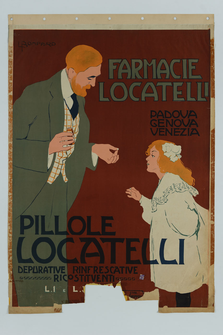 uomo porge una pillola a una bambina (manifesto) di Bompard Luigi (inizio sec. XX)