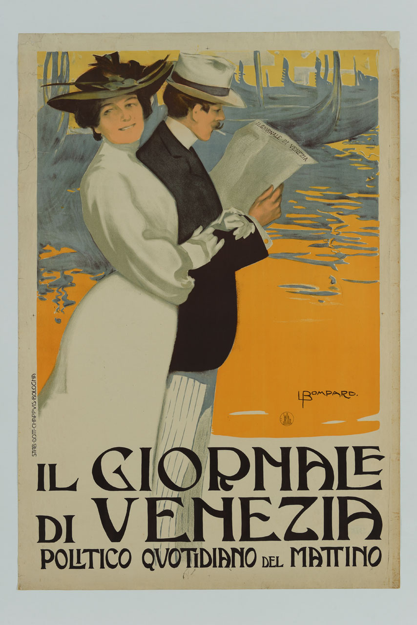 donna sottobraccio a uomo che legge il giornale sullo sfondo di gondole (manifesto) di Bompard Luigi (inizio sec. XX)
