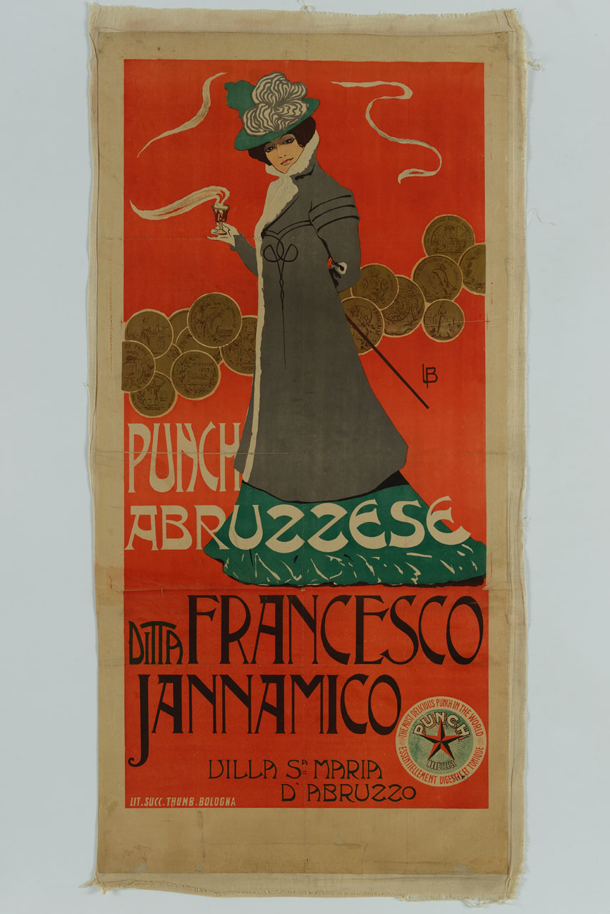 donna a passeggio con un bicchiere di punch in mano (manifesto, stampa composita) di Bompard Luigi (inizio sec. XX)