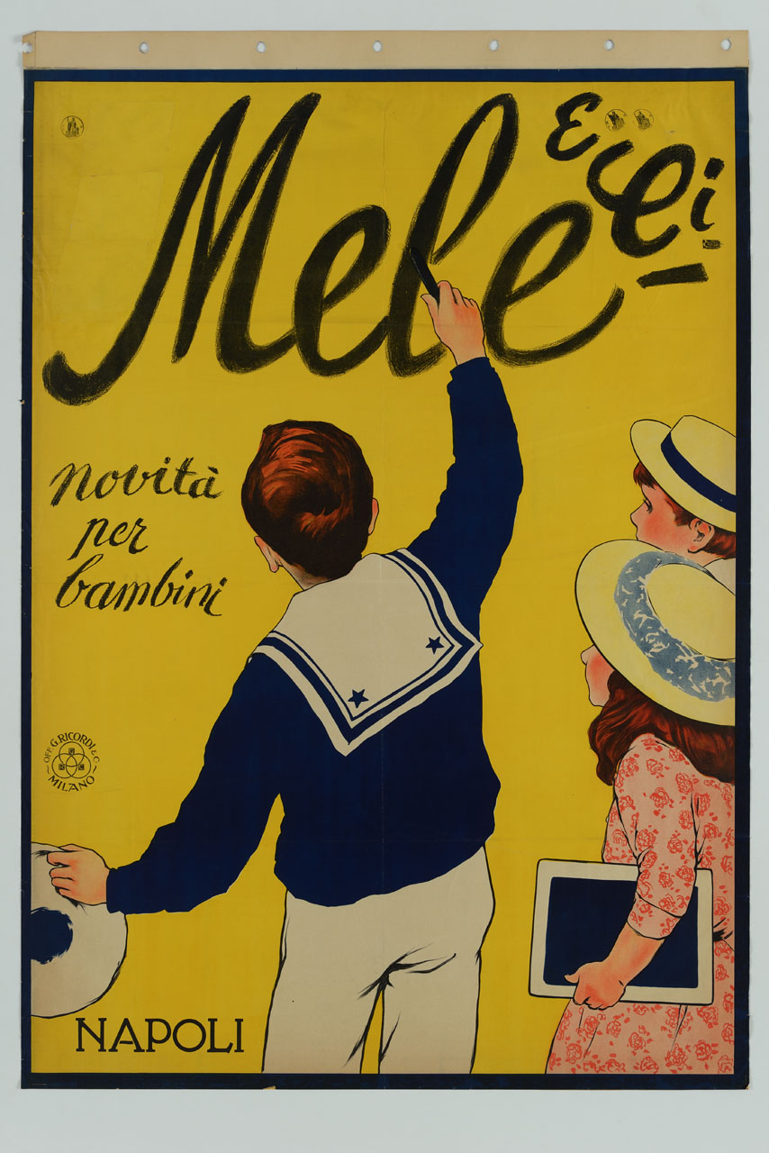 bambino traccia il nome Mele con un carboncino sul muro (manifesto) di Metlicovitz Leopoldo (sec. XX)