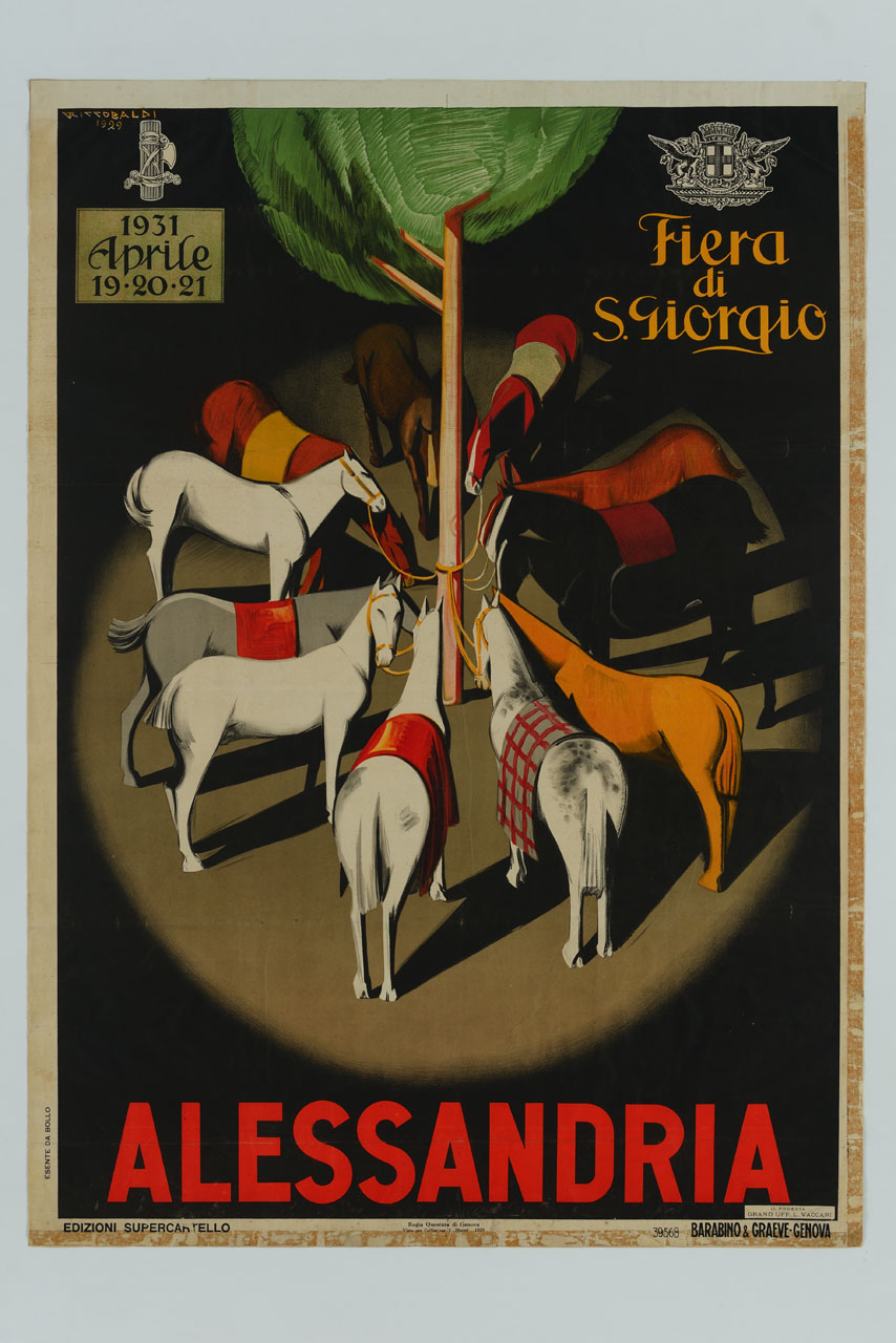 cavalli legati in circolo al tronco di un albero (manifesto) di Riccobaldi Del Bava Giuseppe (sec. XX)
