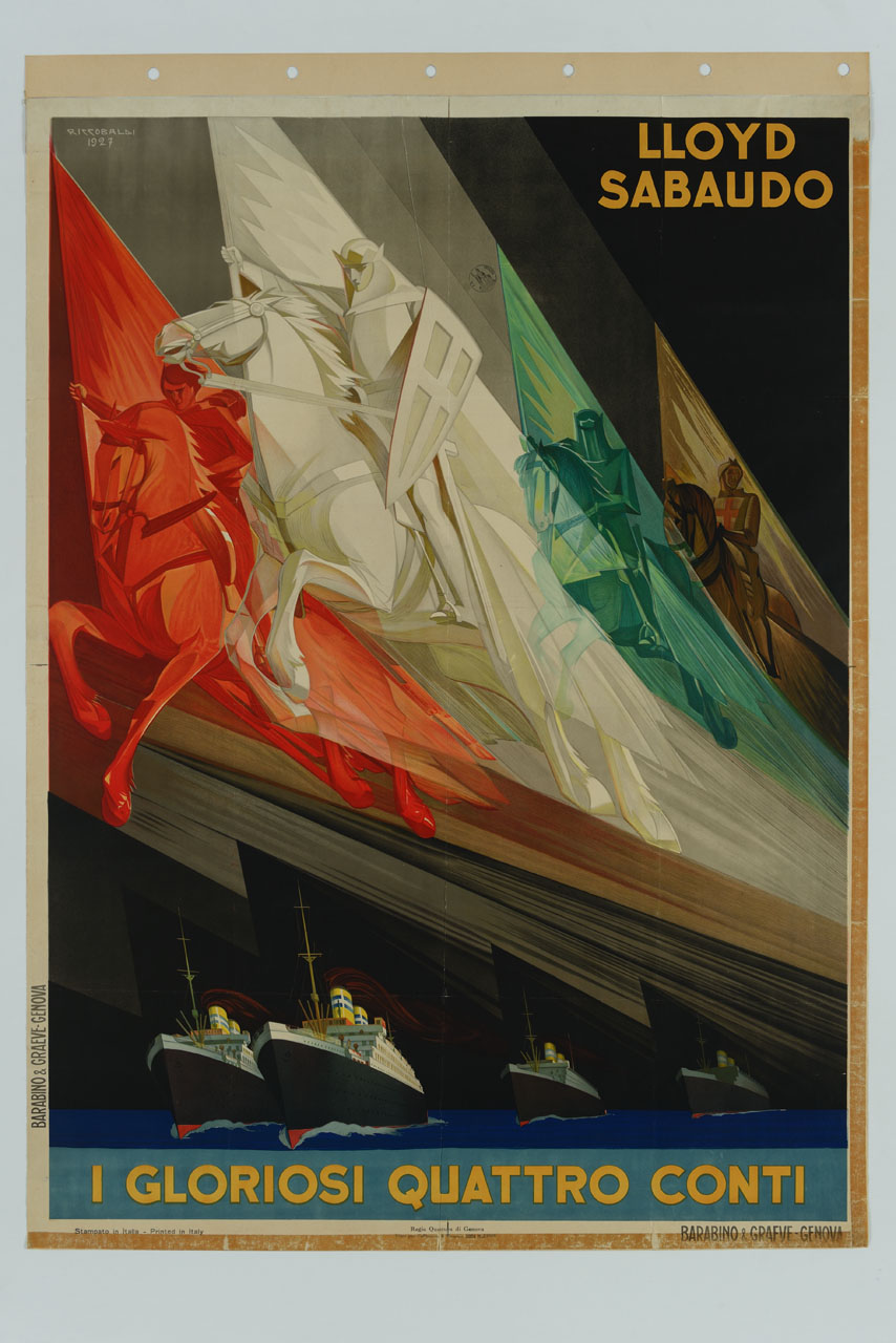 quattro transatlantici in navigazione sovrastati dalle sagome del Conte Rosso, del Conte Biancamano, del Conte Verde e del Conte Grande a cavallo (manifesto) di Riccobaldi Del Bava Giuseppe (sec. XX)