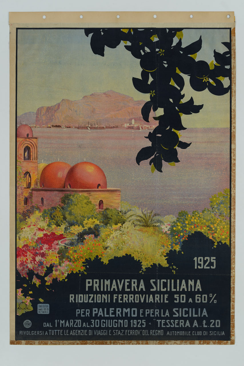 veduta di San Giovanni degli Eremiti di Palermo con il Monte Pellegrino sullo sfondo (manifesto) di Terzi Aleardo (sec. XX)