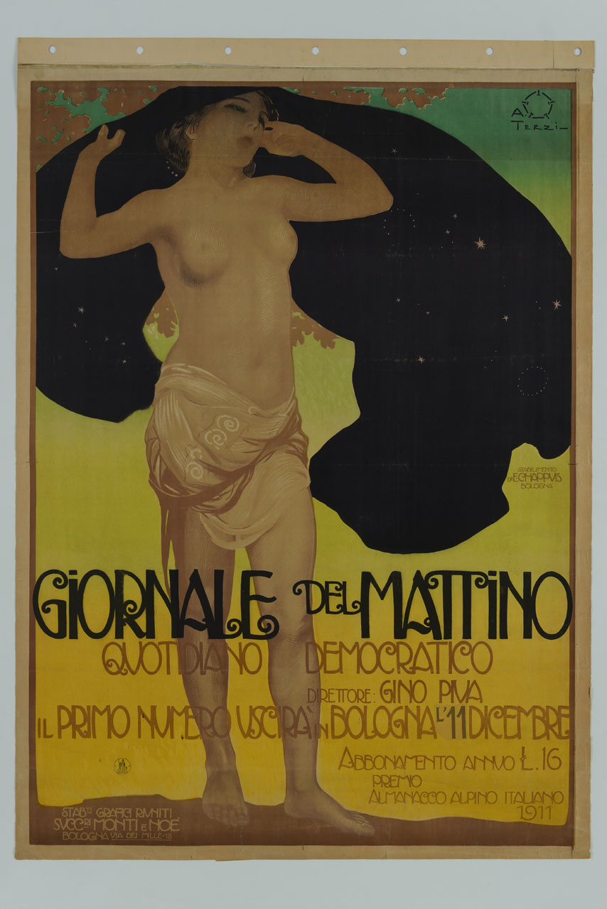 figura allegorica femminile del passaggio dalla notte al mattino (manifesto) di Terzi Aleardo (sec. XX)