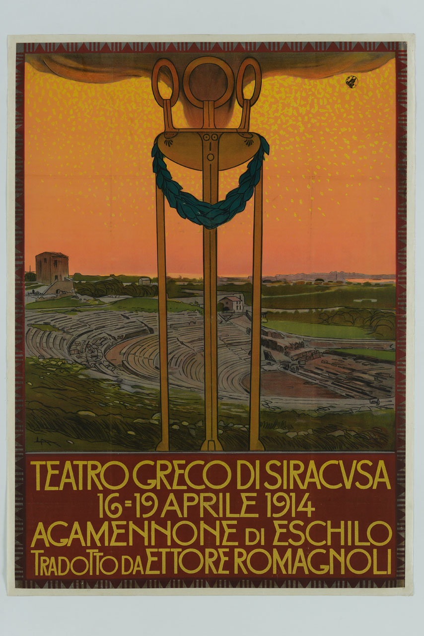 tripode fumante sullo sfondo del Teatro Greco di Siracusa (manifesto) di Metlicovitz Leopoldo (sec. XX)