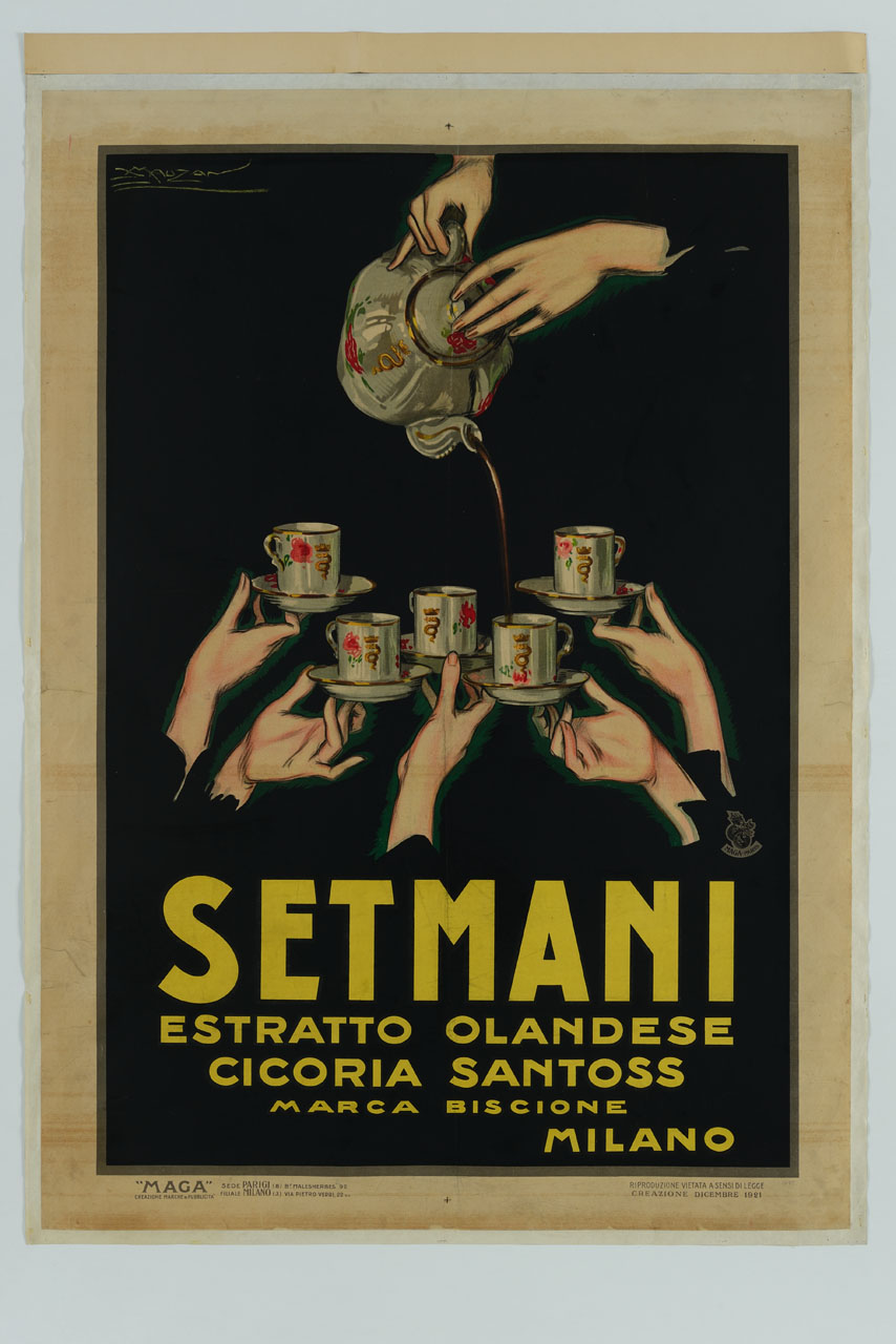 due mani versano con una teiera estratto di cicoria nelle tazzine tenute da cinque mani (manifesto) di Mauzan Achille Luciano (sec. XX)