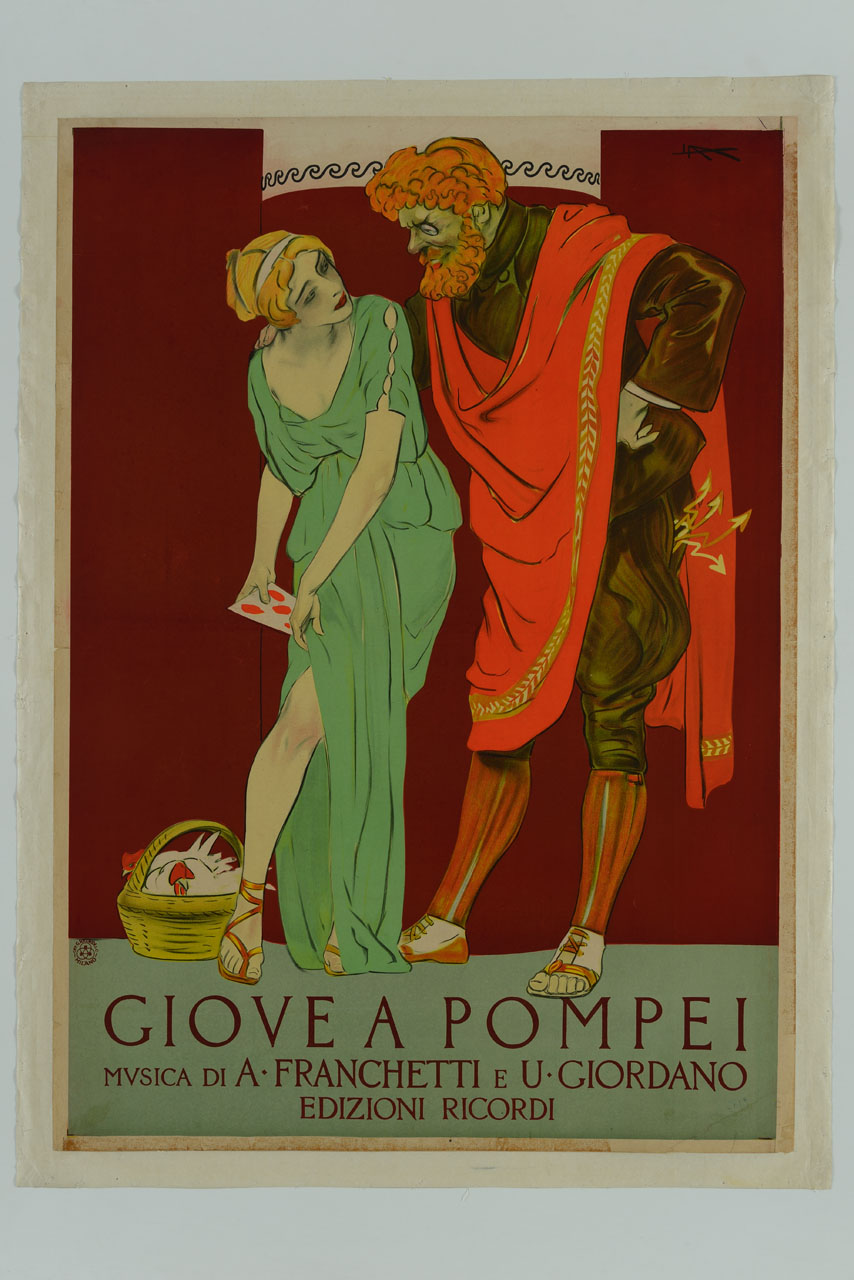 Giove osserva una fanciulla che nasconde una lettera nella tunica (manifesto) di Metlicovitz Leopoldo (sec. XX)