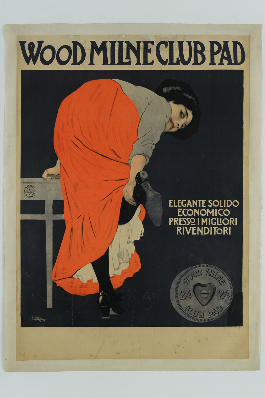 donna di spalle poggiata a un tavolo alza il piede per mostrare la suola di una scarpa (manifesto) di Metlicovitz Leopoldo (sec. XX)