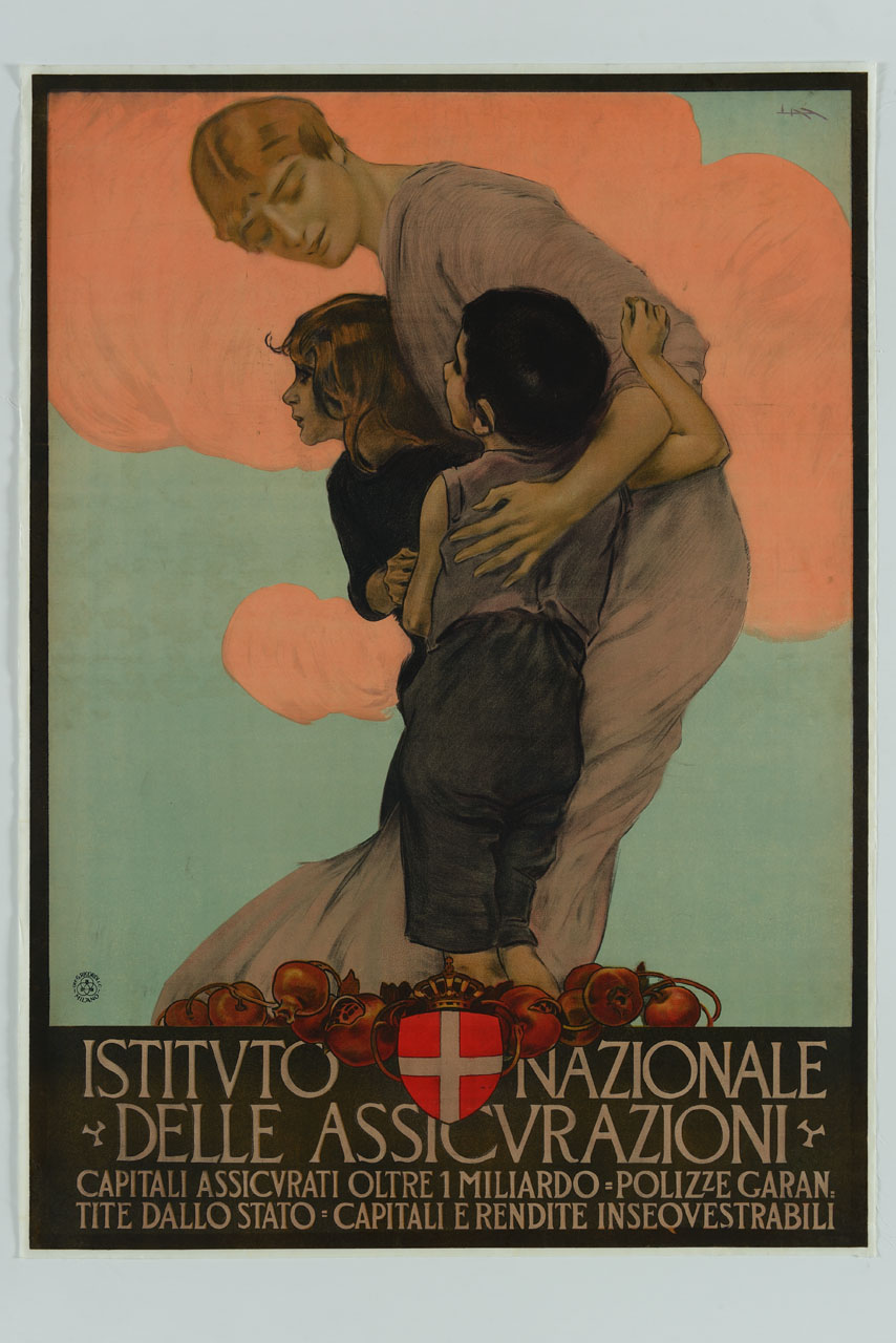 donna abbraccia i due figli (manifesto) di Metlicovitz Leopoldo (sec. XX)