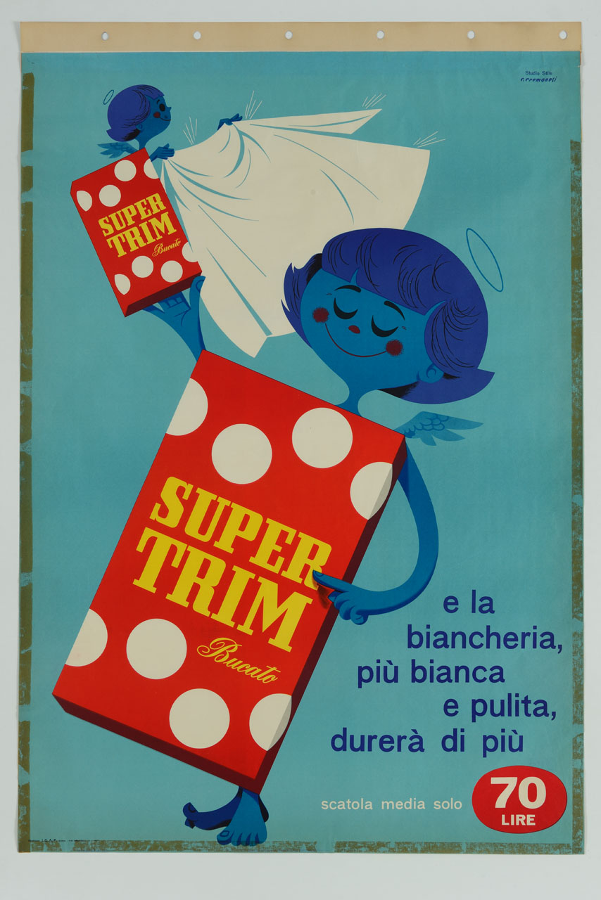 scatola di detersivo con sembianze di angelo tiene in mano una scatola simile più piccola che stende il bucato (manifesto) di Cremonesi Carmelo, Studio Stile (sec. XX)