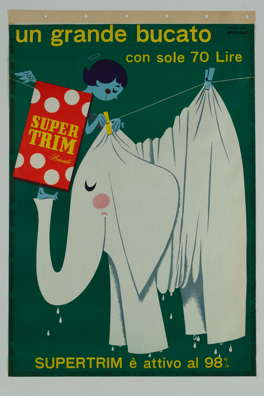 scatola di detersivo con sembianze di angelo stende un elefante come fosse del bucato (manifesto) di Rossetti Gian Carlo, Studio Stile (sec. XX)