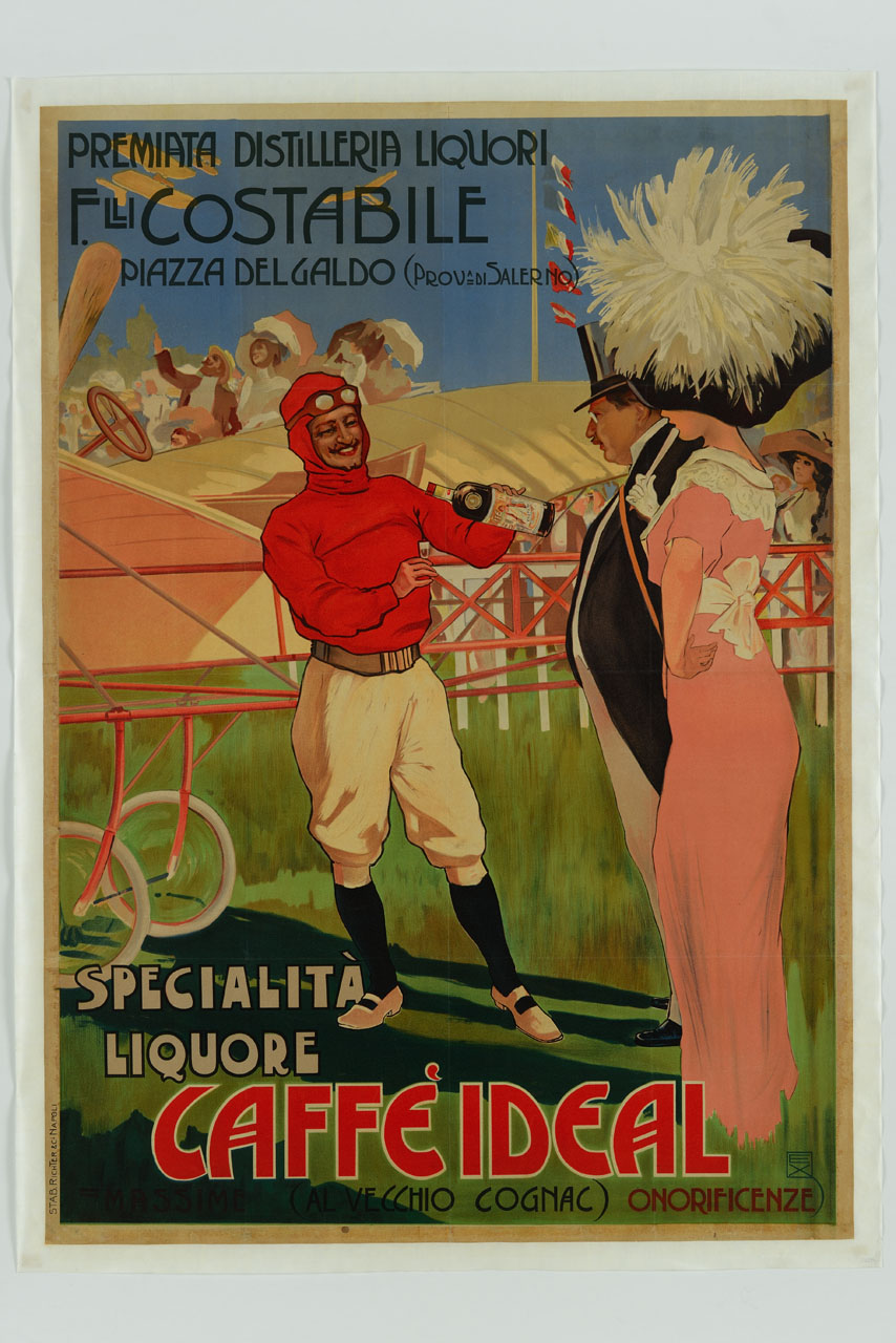 coppia elegantemente abbigliata Belle époque, ed aviatore che beve un bicchiere di liquore davanti ad un velivolo (manifesto) di Ximenes Elio Ettore (sec. XX)