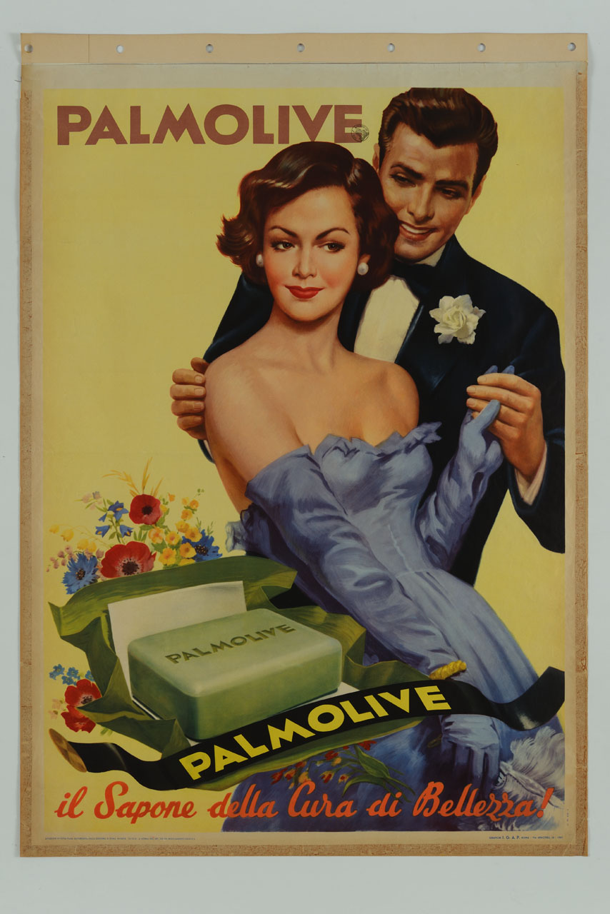 un uomo e una donna in abiti da sera con saponetta in primo piano circondata da fiori (manifesto) - ambito italiano (sec. XX)
