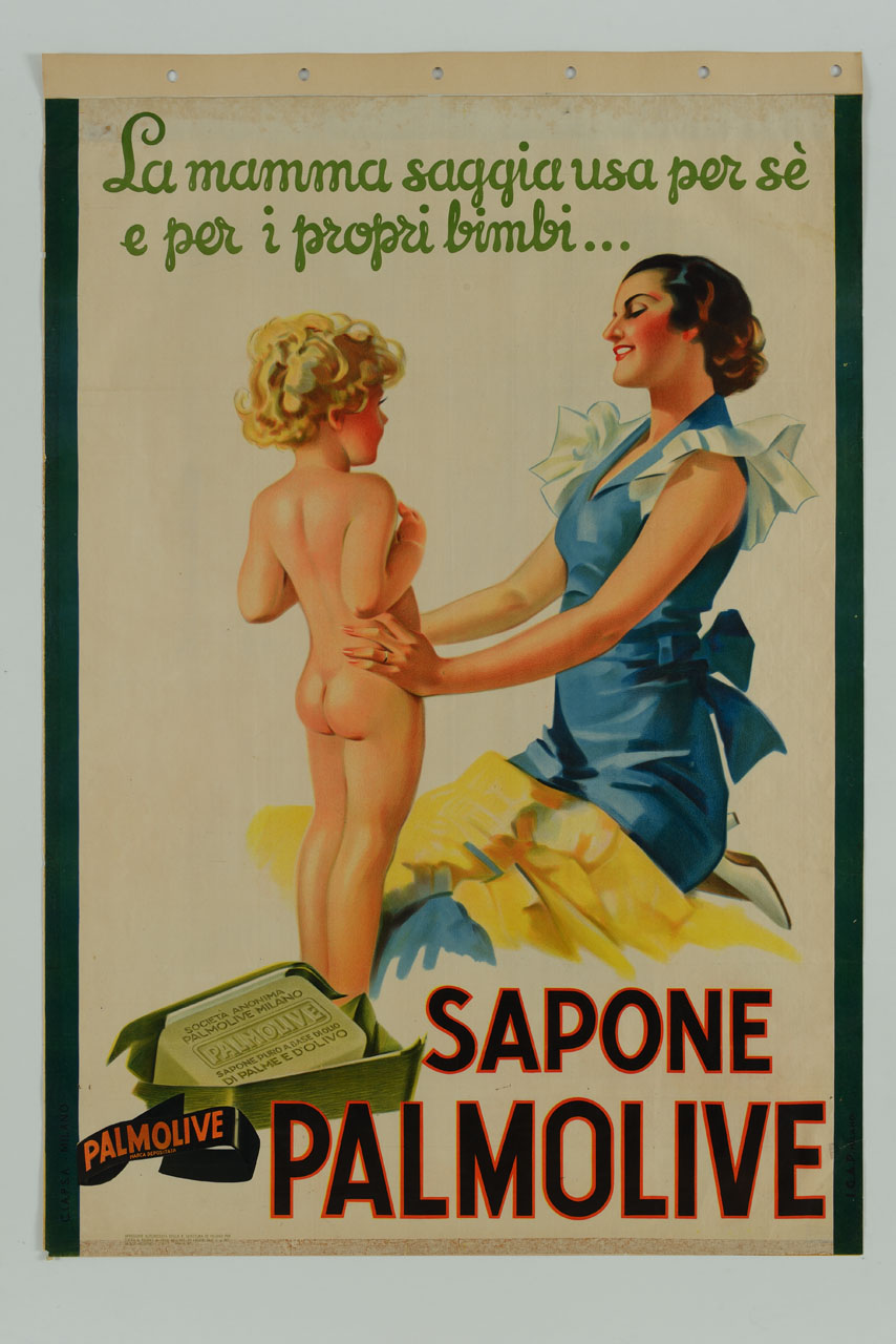 figura femminile intenta nella tolétta di un bambino nudo e saponetta in primo piano (manifesto) - ambito italiano (sec. XX)