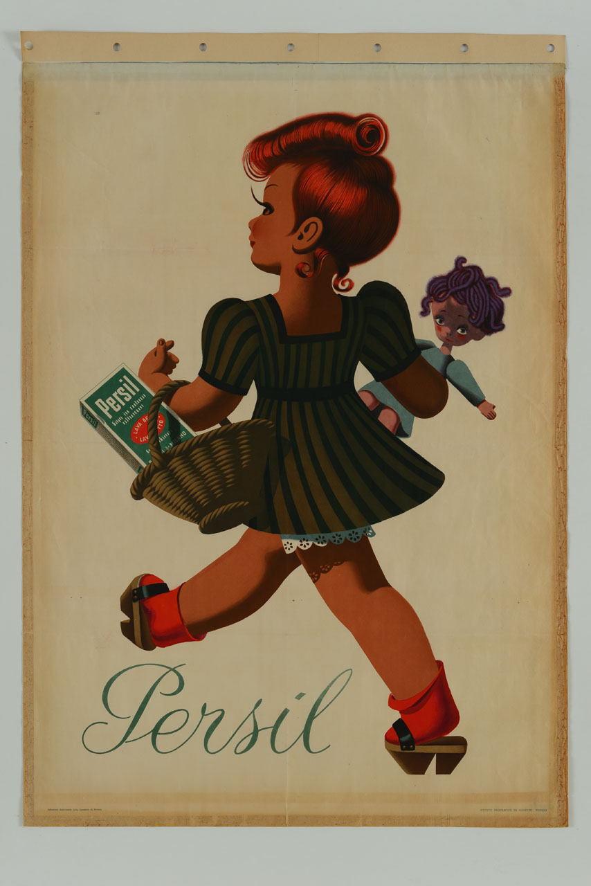bambina che tiene in braccio una bambola ed in mano un cestino con un cartone di detersivo (manifesto) - ambito italiano (sec. XX)