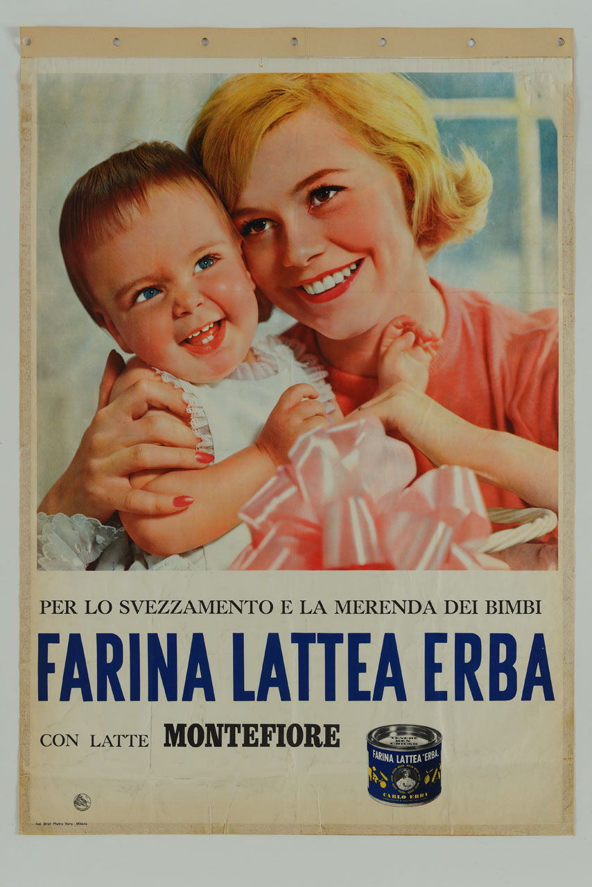 mezzobusto femminile che sorridente stringe a sè una bambina e lattina contenente farina lattea (manifesto) - ambito italiano (sec. XX)