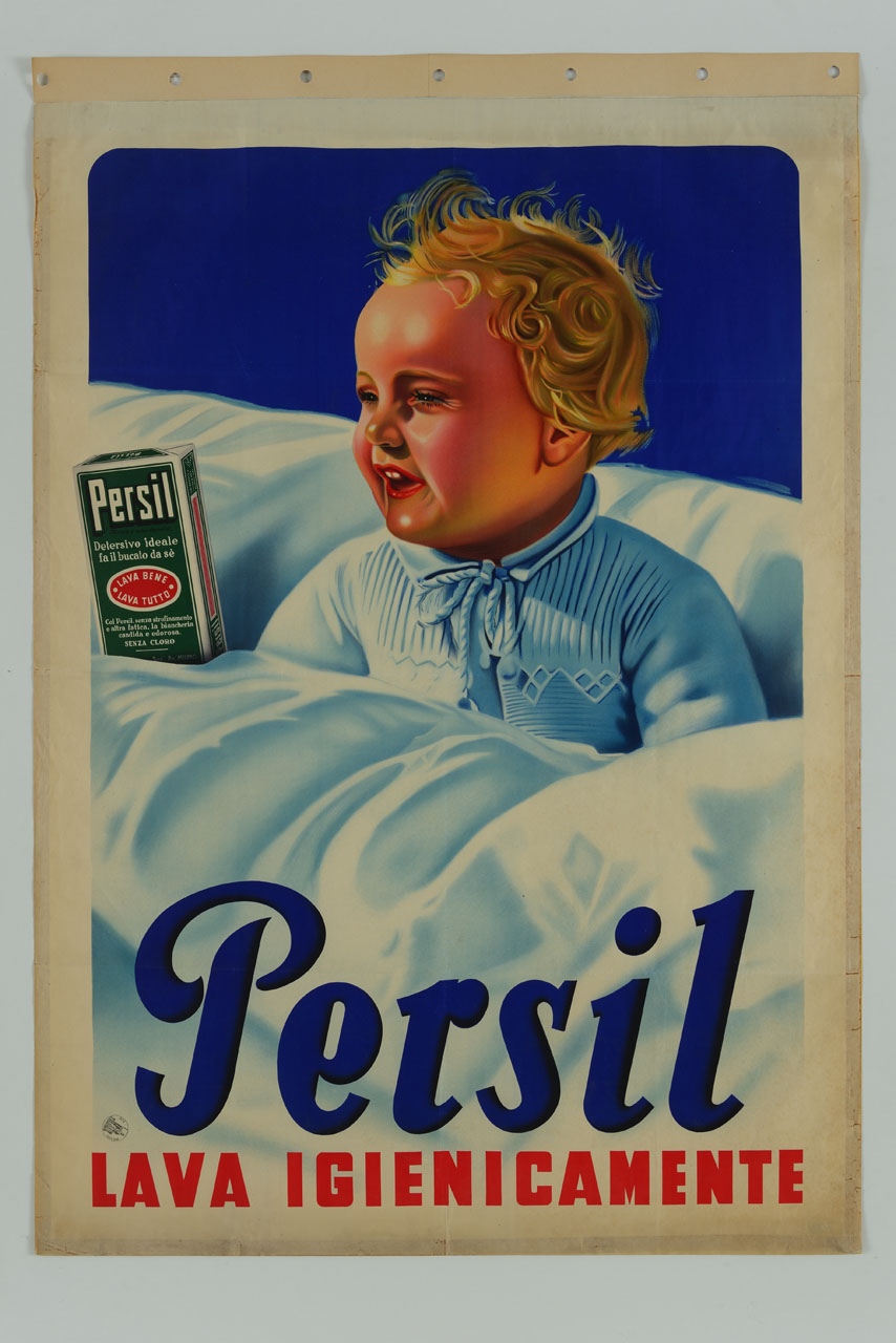 bambino in culla fra lenzuola bianche e confezione di detersivo (manifesto) - ambito italiano (sec. XX)